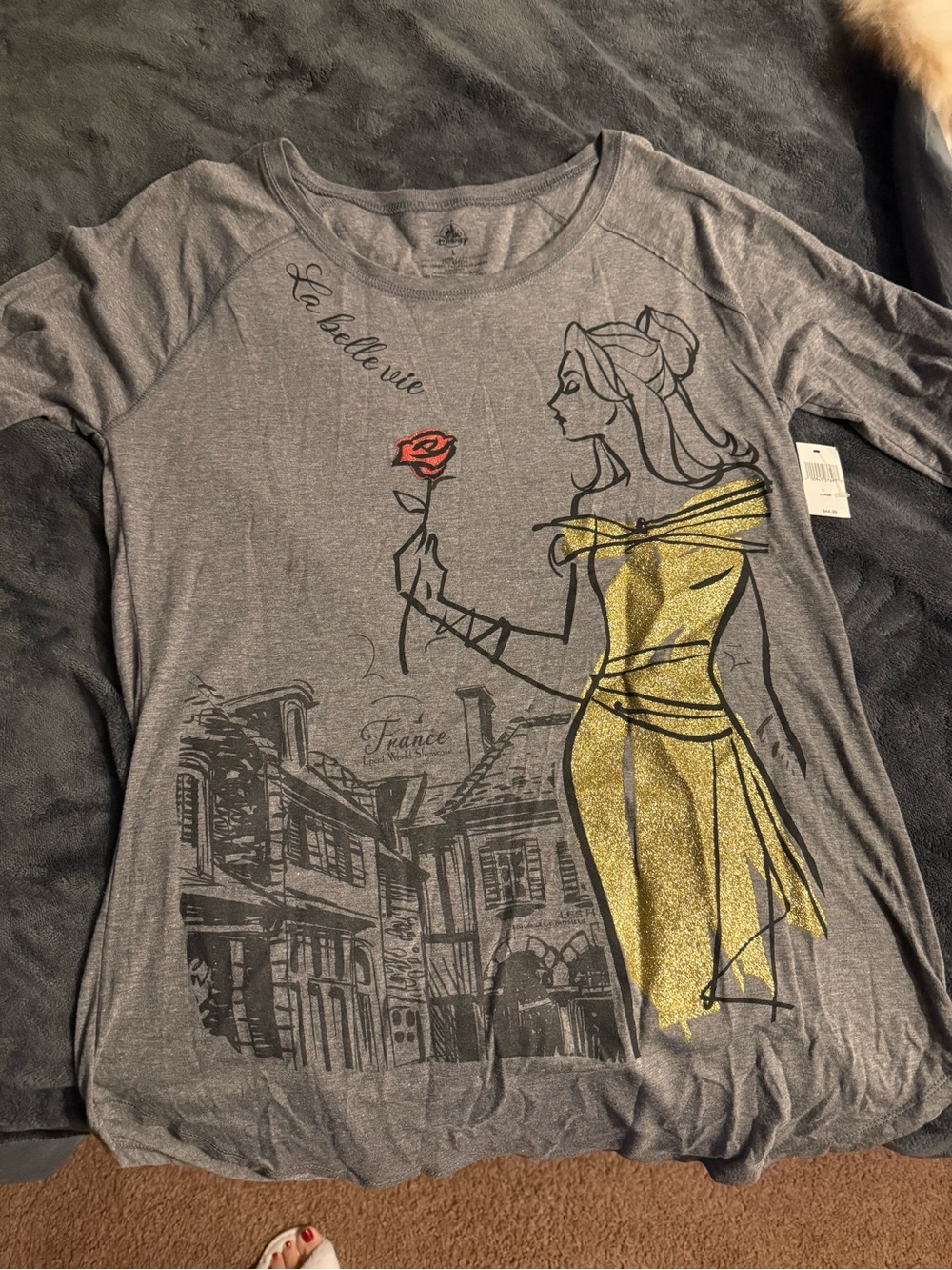 Disney Women's Gray Belle Graphic Long Sleeve Tee with Gold Foil